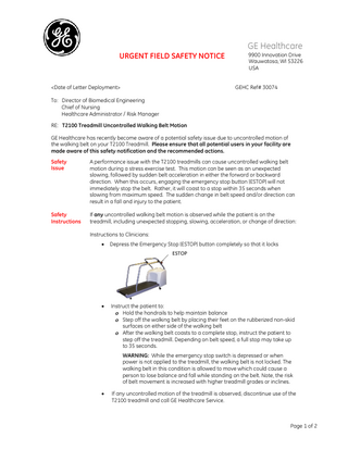 T2100 Treadmill Urgent Field  Safety Notice April 2015