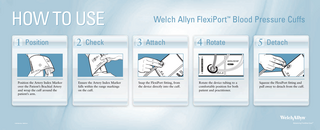 HOW TO USE  Welch Allyn FlexiPort Blood Pressure Cuffs ™  1 Position  2 Check  3 Attach  4 Rotate  5 Detach  Position the Artery Index Marker over the Patient’s Brachial Artery and wrap the cuff around the patient’s arm.  Ensure the Artery Index Marker falls within the range markings on the cuff.  Snap the FlexiPort fitting, from the device directly into the cuff.  Rotate the device tubing to a comfortable position for both patient and practitioner.  Squeeze the FlexiPort fitting and pull away to detach from the cuff.  © 2008 Welch Allyn SM2990 Rev A  