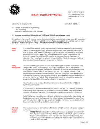 T2100 and T2000 Treadmill Urgent Safety Notice April 2015