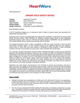 HeartWare Controller Urgent Field Safety Notice Dec 2014