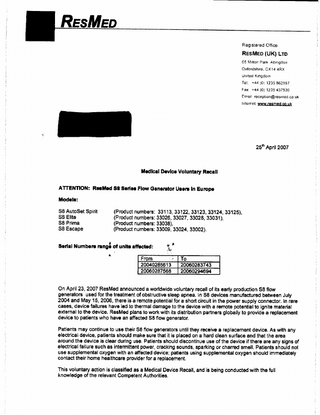 S8 series Medical Device Volntary Recall April 2007