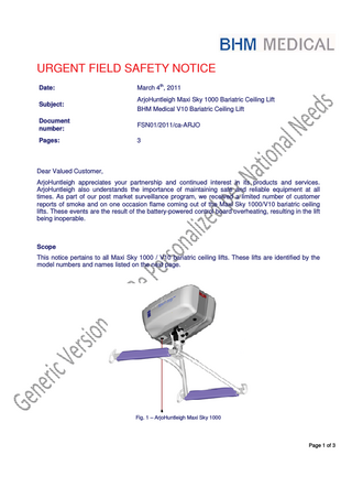 V10 Bariatric Ceiling Lift Urgent Field Safety Notice March 2011