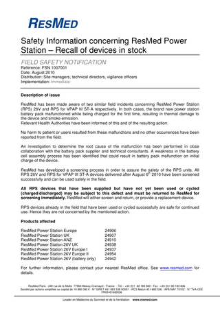 VPAP III ST-A Field Safety Notification Aug 2010