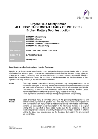 GemStar Infusion System Urgent Safety Notice May 2015