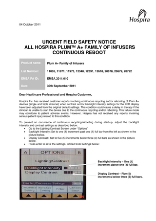 HOSPIRA PLUM A+Family Urgent Field Safety Notice Oct 2011