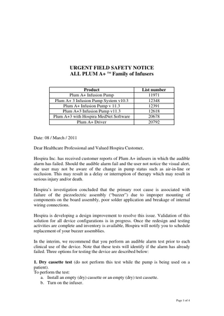HOSPIRA PLUM A+Family Urgent Field Safety Notice March 2011