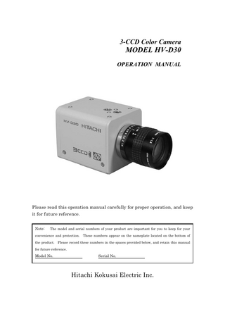 MODEL HV-D30 3 CCD Color Camera Operation Manual
