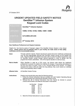 GemStar Infusion System Urgent Safety Notice Oct 2013
