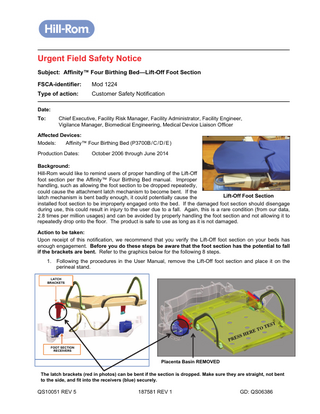 Affinity Four Birthing Bed Urgent Field Safety Notice Aug 2014