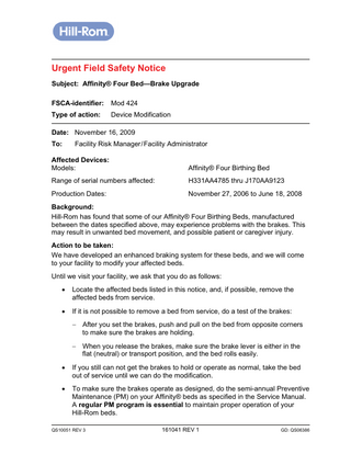 Affinity Four Bed Urgent Field Safety Notice Nov 2009