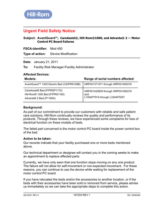 AvantGuard , CareAssist , Hill-Rom 1000 and Advanta 2 Urgent Urgent Field Safety Notice Jan 2011