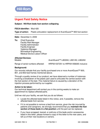 AvantGuard 800 series Field Safety Notice Dec 2009