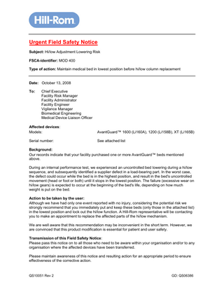 AvantGuard 1600,1200 XT series Urgent Field Safety Notice Oct 2008