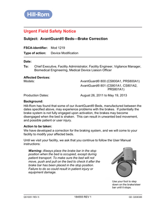 AvantGuard Beds Urgent Field Safety Notice May 2014