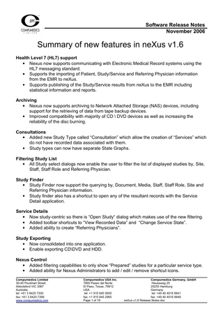 neXus v1.6 Release Notes Summary of new features Nov 2006