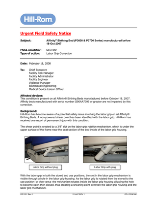 Affinity Four Bed Urgent Field Safety Notice Feb 2008
