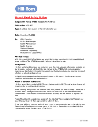 NP150 Viscoelastic Mattress Urgent Field Safety Notice Dec 2011