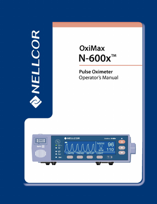 Nellcor, Durasensor, Dura-Y, Max-Fast, OxiCliq, Oxiband, OxiMax, Oxinet, Pedi-Check, SatSeconds, OxiMax SPD Alert, and SoftCare are trademarks of Nellcor Puritan Bennett LLC. The OxiMax N-600x™ pulse oximeter is covered by one or more of the following U.S. patents and foreign equivalents: Patent No. 5,485,847; 5,676,141; 5,743,263; 6,035,223; 6,226,539; 6,411,833; 6,463,310; 6,591,123; 6,708,049; 7,016,715; 7,039,538; 7,120,479; 7,120,480; 7,142,142; 7,162,288; 7,190,985; 7,194,293; 7,209,774; 7,212,847, 7,400,919. To obtain information about a warranty, if any, contact Nellcor’s Technical Services Department at 1.800.635.5267 or your local representative. Purchase of this instrument confers no express or implied license under any Nellcor Puritan Bennett patent to use the instrument with any sensor that is not manufactured or licensed by Nellcor Puritan Bennett LLC.  