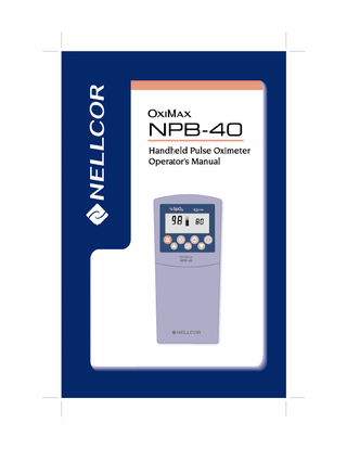 Nellcor Puritan Bennett Inc. is an affiliate of Tyco Healthcare. Nellcor, Oxiband, Durasensor, OxiCliq, Dura-Y, MAX-FAST, and OXIMAX are trademarks of Nellcor Puritan Bennett Inc. This ISM device complies with Canadian ICES-001. Cet appareil ISM est conforme à la norme NMB-001 Canada. To obtain information about a warranty, if any, contact Nellcor’s Technical Services Department, or your local representative. Purchase of this instrument confers no express or implied license under any Nellcor Puritan Bennett patent to use the instrument with any sensor that is not manufactured or licensed by Nellcor Puritan Bennett. Covered by one or more of the following U.S. Patents and foreign equivalents: 4,653,498; 4,802,486; 4,869,254; 4,928,692; 4,934,372; 5,078,136; 5,351,685; 5,485,847; 5,533,507; 5,577,500; 5,803,910; 5,853,364; 5,865,736; 6,083,172; 6,463,310; 6,708,049; and Re.35,122.  