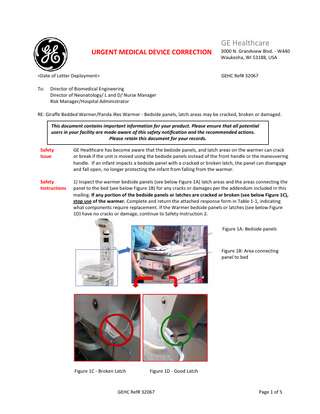 GE Panda iRes Urgent Medical Device Correction April 2019
