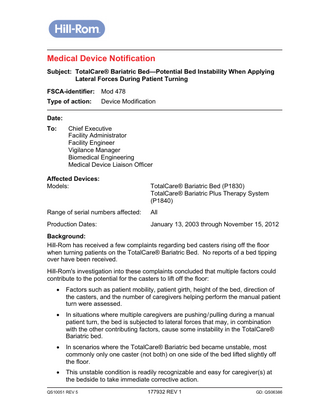 TotalCare Bariatric Bed Medical Device Notification Dec 2014