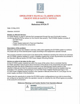 EV1000A Urgent Field Safety Notice May 2016