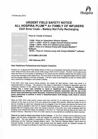 HOSPIRA PLUM A+ Urgent Field Safety Notice Feb 2013