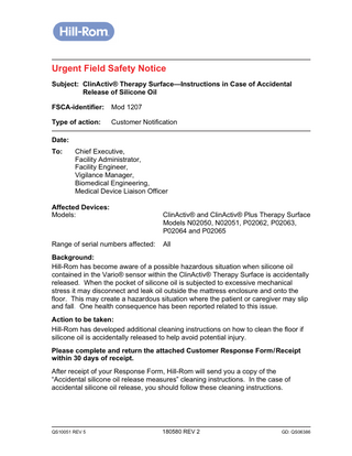 ClinActiv Therapy Surface Urgent Field Safety Notice Dec 2013