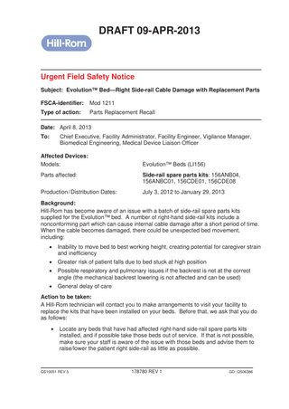 Evolution Bed Urgent Field Safety Notice April 2013
