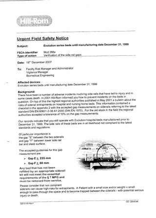 Evolution Bed Urgent Field Safety Notice Dec 2007