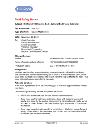 Hill-Rom 900 Electric Bed Field Safety Notice Nov 2012