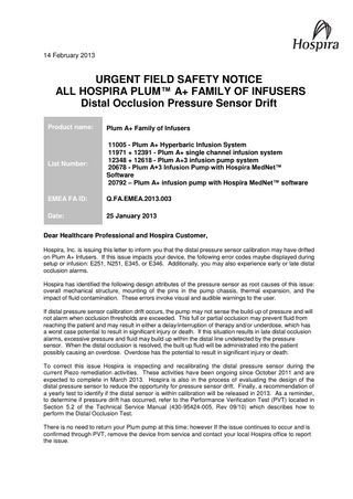 HOSPIRA PLUM A+ Urgent Field Safety Notice Jan 2013