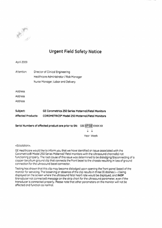 Corometrics 250 Urgent Field Safety Notice April 2009