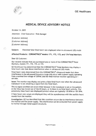 Corometrics Medical Device Advisory Notice Oct 2005