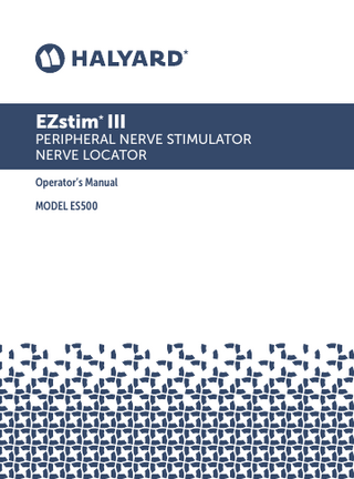 e  EZstim* III Peripheral Nerve Stimulator / Nerve Locator – Model ES500 Operator’s Manual  TABLE OF CONTENTS Important Information... 2 Definition Of Symbols ...2 Section 1 – Warnings, Cautions And Indications ... 2 Warnings ...2 Cautions ...2 Patient Considerations ...3 Indications ...3 Intended Users ...3 Use Environment ...3 Section 2 – General Description And Specifications ... 3 A.  Product Description ... 3  B.  Product Specifications ... 3  C.  Product Display, Inputs And Controls ... 4  Section 3 – Instrument Assembly ... 7 A.  Battery Installation/ Replacement ... 7  B.  Interface Cables ...7  C.  Optional Mounting Bracket (MB500) For Pole Mount Use ...7  Section 4 – Instrument Operation In High Output Range ... 8 A.  High Output Patterns ...8  B.  Operation In High Output Range (Peripheral Nerve Stimulator) ... 9  Section 5 – Instrument Operation In Low Output Range ... 9 A.  Low Output Range Patterns ...9  B.  Operation In Low Output Range ... 9  Section 6 – Troubleshooting Guide... 10 Section 7 – Maintenance ... 12 A.  General ... 12  B.  Battery Replacement ... 12  C.  Cleaning ... 12  D.  Sterilization ... 12  E.  Disposal ... 12  Section 8 – Limited Warranty ... 12 Section 9 – EMC Compliance ... 13 1  