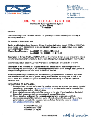 Blanketrol II Urgent Field Safety Notice Aug 2019