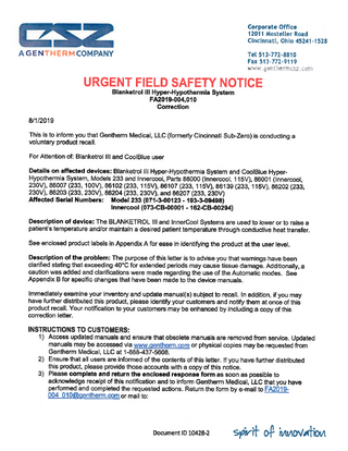 Blanketrol III Urgent Field Safety Notice Aug 2019