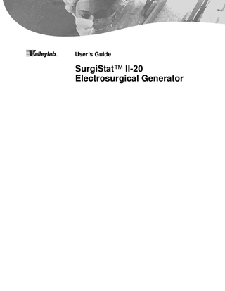 Table of Contents Conventions Used in this Guide List of Figures vii  iii  Chapter 1. Introducing the SurgiStat II Electrosurgical Generator Key Features  1-2  Components and Accessories Safety  1-3  1-3  Warnings  1-4  Cautions  1-6  Chapter 2. Controls, Indicators, and Receptacles Front Panel  2-2  Cut and Blend Controls  2-3  Coag and Bipolar Controls Indicators  2-4  2-5  Power Switch and Receptacles Rear Panel  2-6  2-7  Symbols on the Front Panel  2-8  Symbols on the Rear Panel  2-9  Chapter 3. Getting Started Initial Inspection Installation  3-2  3-2  Function Checks  3-2  Setting Up the Unit  3-2  Checking the Patient Return Electrode Alarm Confirming Modes  3-3  3-3  Checking Bipolar Mode (with Footswitch)  3-3  Checking Monopolar Mode (with Footswitch)  3-3  Checking Monopolar Mode (with Handswitch)  3-4  Performance Checks  3-4  Chapter 4. Using the SurgiStat II Inspecting the Generator and Accessories Setup Safety Setting Up  4-2 4-4  Preparing for Monopolar Surgery  4-4  Applying the Patient Return Electrode Connecting Accessories  4-5  Preparing for Bipolar Surgery  4-5  Activation Safety  4-6  Activating the Unit  4-8  iv  4-2  4-4  SurgiStat II-20 User’s Guide  