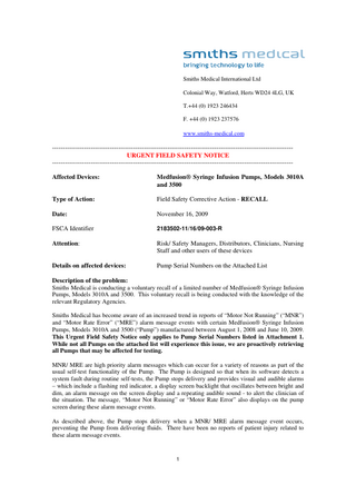 Medfusion 3010A and 3500 Urgent Field Safety Notice Nov 2009