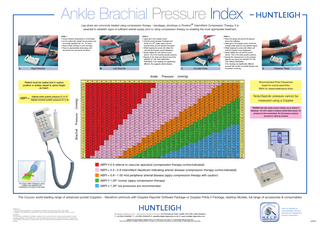 Ankle Brachial Pressure Index Leg ulcers are commonly treated using compression therapy - bandages, stockings or Flowtron® Intermittent Compression Therapy. It is essential to establish signs of sufficient arterial supply prior to using compression therapy so enabling the most appropriate treatment. STEP 1 • Ensure ambient temperature is comfortable. • Lie the patient flat, explain the procedure and encourage relaxation (for 15 - 20 mins). • Remove tight clothing on arms and legs. • Place an appropriately sized sphyg cuff around the arm just above the elbow.  A  Right Brachial  STEP 2 • Apply gel to the Doppler probe. • Hold the probe between forefinger and o thumb at a 45 angle, place over the brachial artery (A) and optimise the signal. • Whilst keeping the probe still, inflate the cuff until the Doppler sound disappears. • Slowly deflate the cuff until the sound returns. This is the brachial systolic pressure. • Repeat on the other arm (B) and record the HIGHER OF THE TWO BRACHIAL READINGS. If the readings are significantly different, this suggests arterial disease.  B  Left Brachial  C  Dorsalis Pedis  STEP 3 • Place the sphyg cuff around the leg just above the malleolus. • Apply gel to the Doppler probe, locate the dorsalis pedis pulse (C) and optimise signal. • Whilst keeping the probe still, inflate cuff until the Doppler sound disappears. • Slowly deflate the cuff until the sound returns. This is the ankle systolic pressure. • Repeat the measurement on the posterior tibial (D) and record the HIGHER OF THE TWO ANKLE READINGS. If the readings are significantly different, proceed with caution as arterial disease may be present in that leg.  D  Posterior Tibial  Recommended Probe Frequencies Easy8 for normal sized limbs 5MHz for obese/oedematous limbs  Patient must be rested and in supine position or ankles raised to same height as heart.  Note:Diastolic pressure cannot be measured using a Doppler  Highest ankle systolic pressure (C or D)  ABPI = Highest brachial systolic pressure (A or B)  *WARNING:False high systolic pressure readings may be obtained in diabetics(ie -The cuff is unable to compress calcified distal vessels). Toe pressures are then recommended. Ref-2nd European consensus document on critical leg ischaemia  The Easy8, 8MHz Widebeam probe enables easy detection and maintenance of contact of the artery  The Dopplex world leading range of advanced pocket Dopplers - Waveform printouts with Dopplex Reporter Software Package or Dopplex Printa II Package, desktop Models, full range of accessories & consumables  References: 1 Clinical Practice Guidelines “The management of patients with venous leg ulcers”, RCN, 1998. 2 Moffatt C. The Charing Cross approach to venous ulcers Nursing Standard 1990; Dec 12,5 No. 12, 6-9. Disclaimer: The information contained in this poster is believed to be correct at the time of going to print based on current European guidelines. It is intended to be used as a guide only and does not cover all risk factors. It remains the responsibility of the clinician to manage each case in accordance with local guidelines and recommended clinical practice.  Huntleigh Healthcare Ltd. - Diagnostic Products Division 35 Portmanmoor Road, Cardiff, CF24 5HN, United Kingdom T: +44 (0)29 20485885 F: +44 (0)29 20492520 E: sales@huntleigh-diagnostics.co.uk W: www.huntleigh-diagnostics.com ®  Registered No: 942245 England. Registered Office: 310-312 Dallow Road, Luton, Beds, LU1 1TD ©Huntleigh Healthcare Limited 2009 and ™ are trademarks of Huntleigh Technology Limited As our policy is one of continuous improvement, we reserve the right to modify designs without prior notice.  Visit our website for downloadable clinical & educational material and product information. 603378-3  