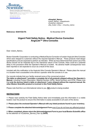 AngioJet Ultra Consoles Urgent Field Safety Notice Nov 2019