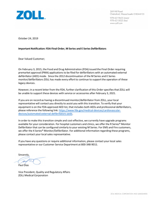 M Series and E Series Defibrillators FDA End of Support Notification Nov 2019