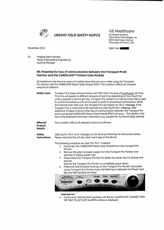Transport Pro with CARESCAPE Module Urgent Field Safety Notice Nov 2010