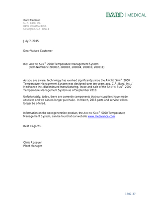 Arctic Sun 2000 Discontinuation Letter July 2015