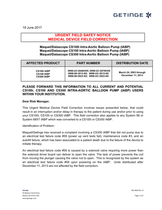 Datascope CS100i Intra-Aortic Ballon Pump Urgent Field Safety Notice June 2017