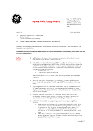 CARESCAPE B650 Urgent Field Safety Notice July 2012