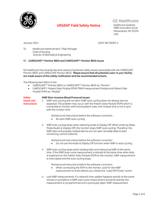 CARESCAPE B850 Urgent Field Safety Notice Jan 2014