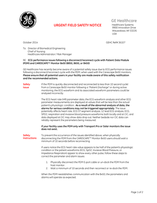CARESCAPE Bx50 series Urgent Field Safety Notice Oct 2014