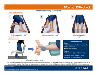 Patient Positioning Techniques Exam Table Methods  1  2  Preferred position – side*  3  Alternative position – side*  Chair Method  Alternative position - prone Check Your Position  4  Tester: •Patient’s outer ankle bone and Achilles tendon are visible •Stable grip on device Patient: a e •Fully relaxed upper and lower leg Conditions above not met? Adjust position or try a different one. Alternative position - leg up  The illustrations above demonstrate the recommended patient positions for testing with the NC-stat DPNCheck device. Patients must be in a comfortable position that allows for relaxation of the leg and foot. Please call Customer Support at (888) 786-7287 with any questions. *Test leg on top. ©2011 NeuroMetrix, Inc. All Rights Reserved. PN2203629 Rev A  