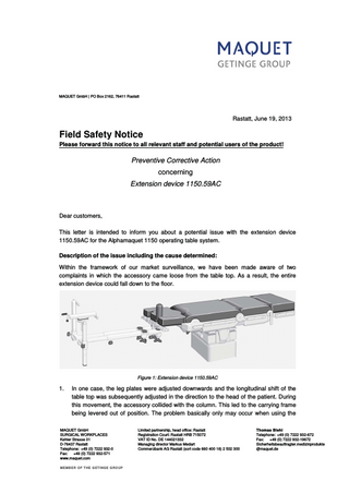 Alphamaquet Extension Device 1150.59AC Field Safety Notice June 2013